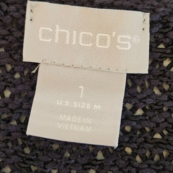 Chico's Size Medium (1) Round Neck Short Sleeve Deep Navy Open Knit Sweater - Picture 5 of 9